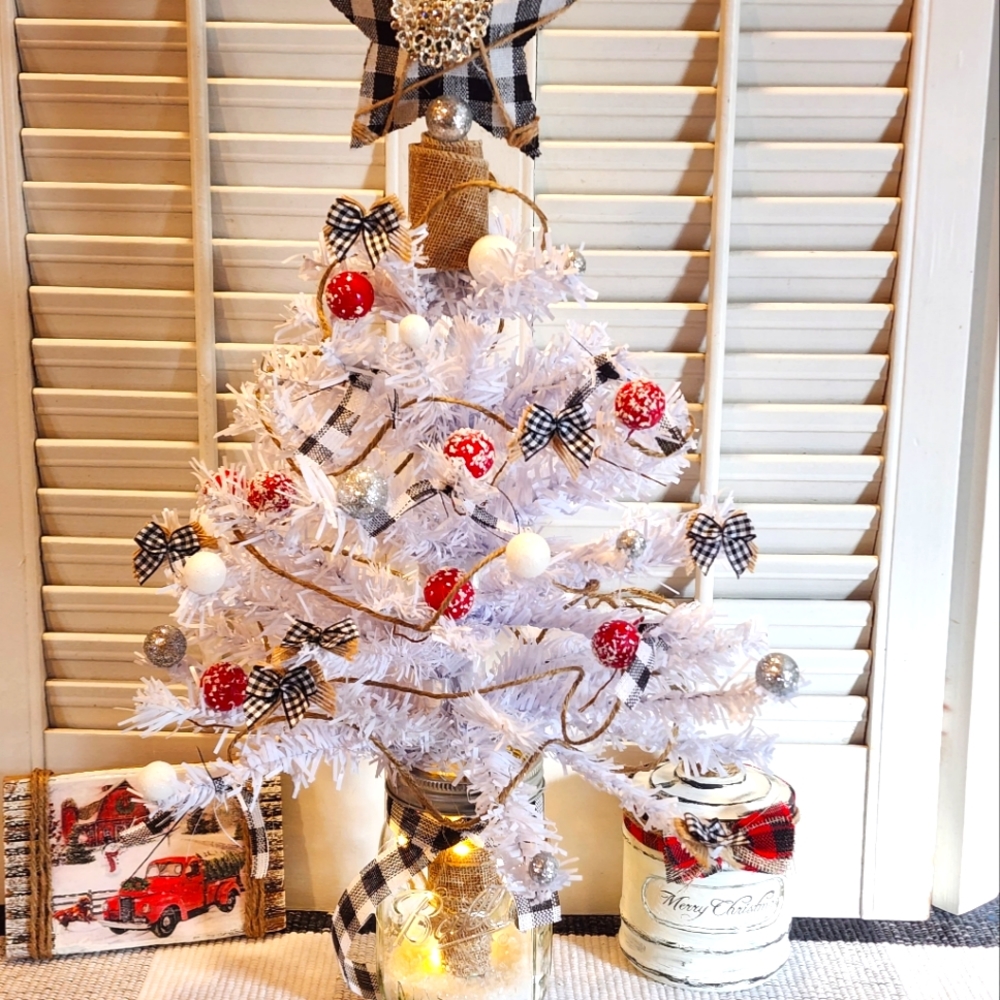 Farmhouse White Reverse Christmas Tree Buffalo PlaidMason JarFairy LightsBur